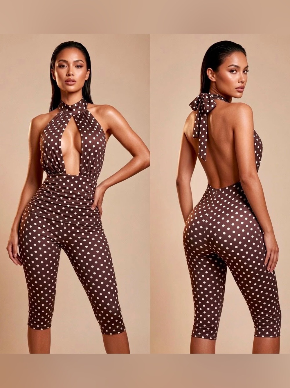 Polka Dot Halter Cutout Jumpsuit - Brown with White Dots - Picture 1 of 5